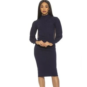 Alexia Admor Sweater Dress XS‎ Navy Blue Mock Neck Puff Sleeve Midi NEW